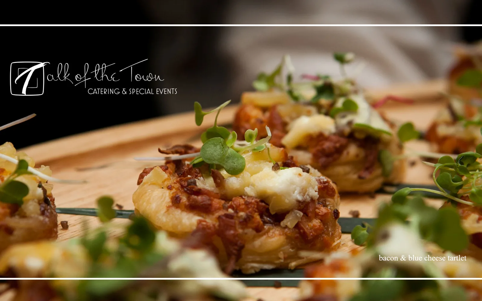 talkofthetownatlanta.com, catering website design: black bands crop a macro of bacon and cheese tartlets into a strip