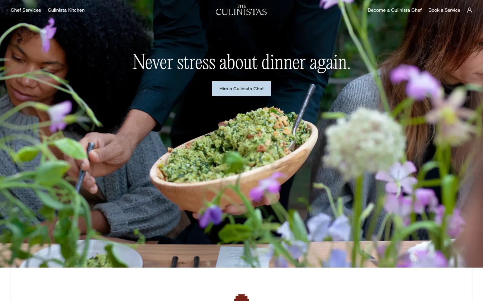 theculinistas.com, catering website design: thin serif type and a pale blue button float centrally over a chef passing a wooden bowl
