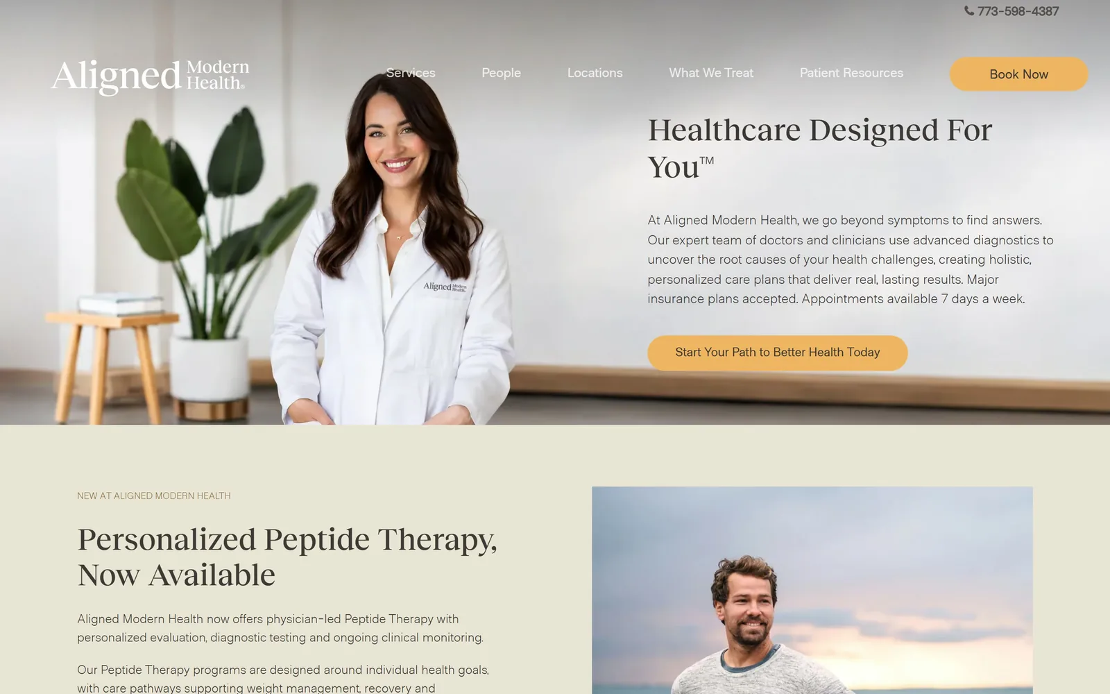 alignedmodernhealth.com, chiropractor website design: a clinician photographed in a real room