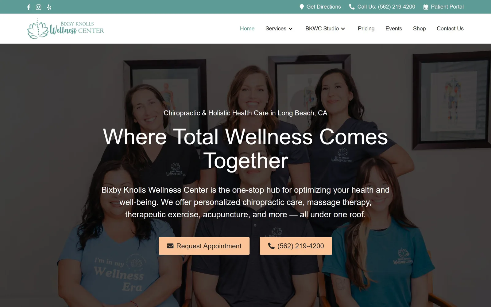 bixbyknollswellness.com, chiropractor website design: the whole team photographed together behind the headline