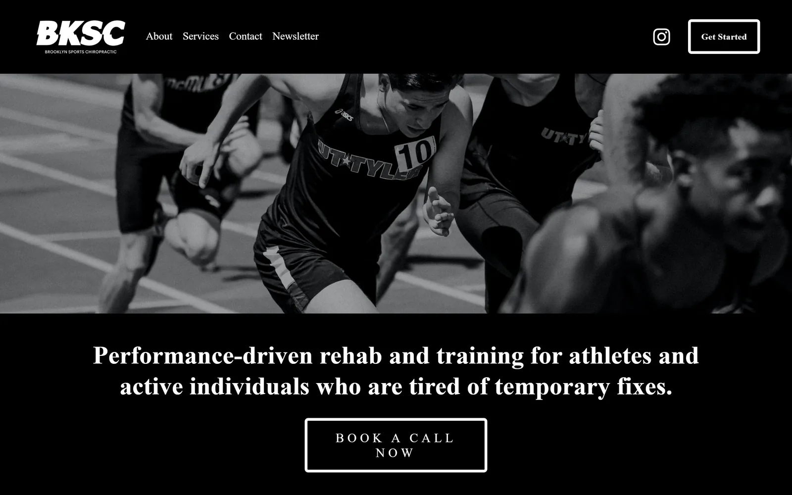 brooklynsportschiropractic.com, chiropractor website design: black, white, and a photograph of sprinters mid-start