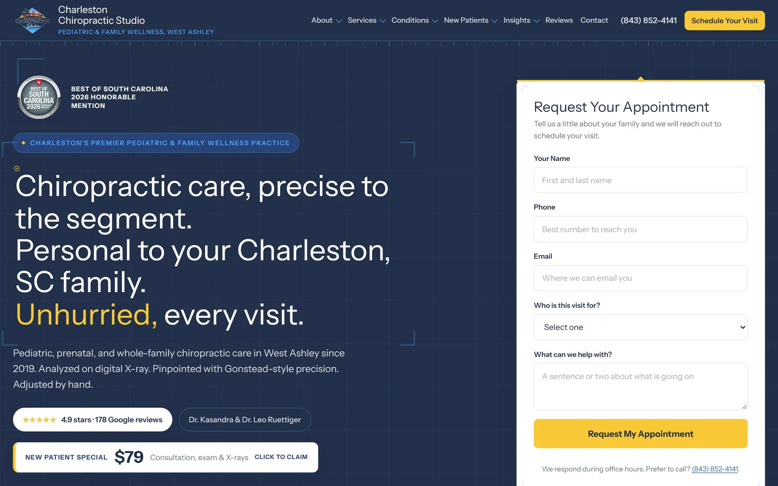 charlestonchirostudio.com, chiropractor website design: a navy page with faint blueprint corner marks and a full appointment form sitting