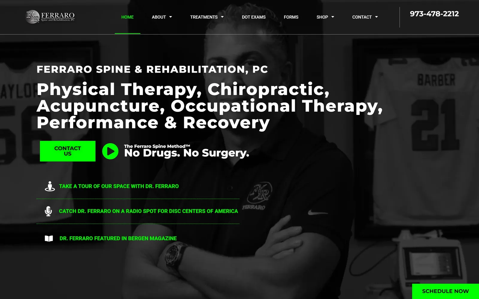 ferrarospine.com, chiropractor website design: pure green on black, a practitioner shot against framed sports jerseys