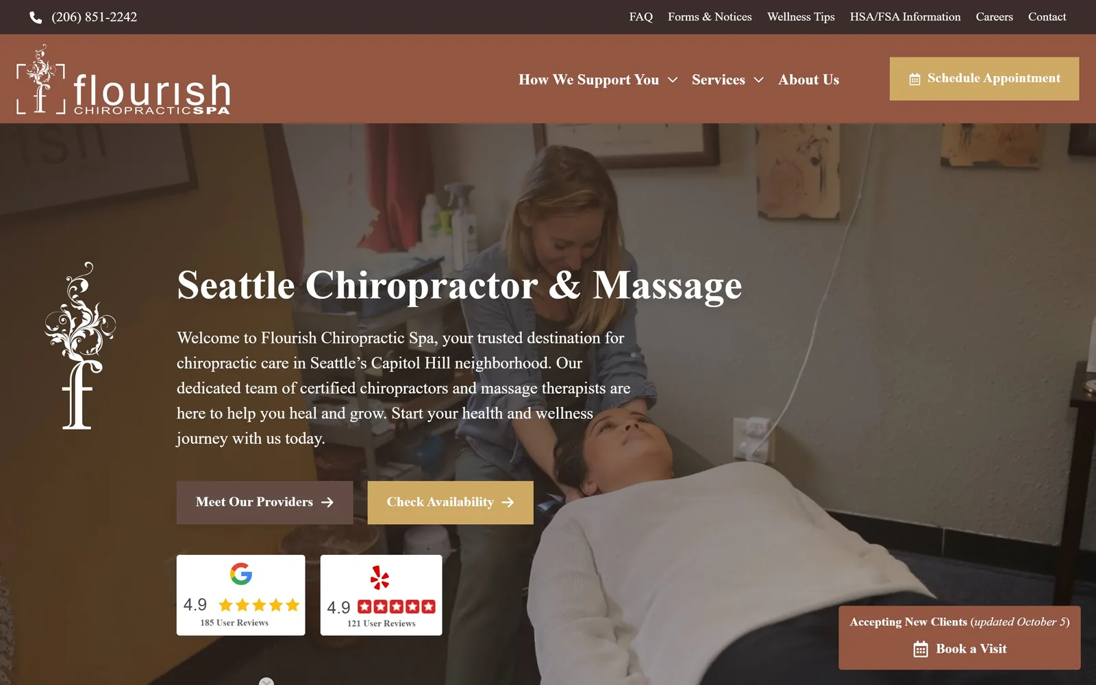 flourishchiropracticspa.com, chiropractor website design: terracotta header over a warm treatment-room photo
