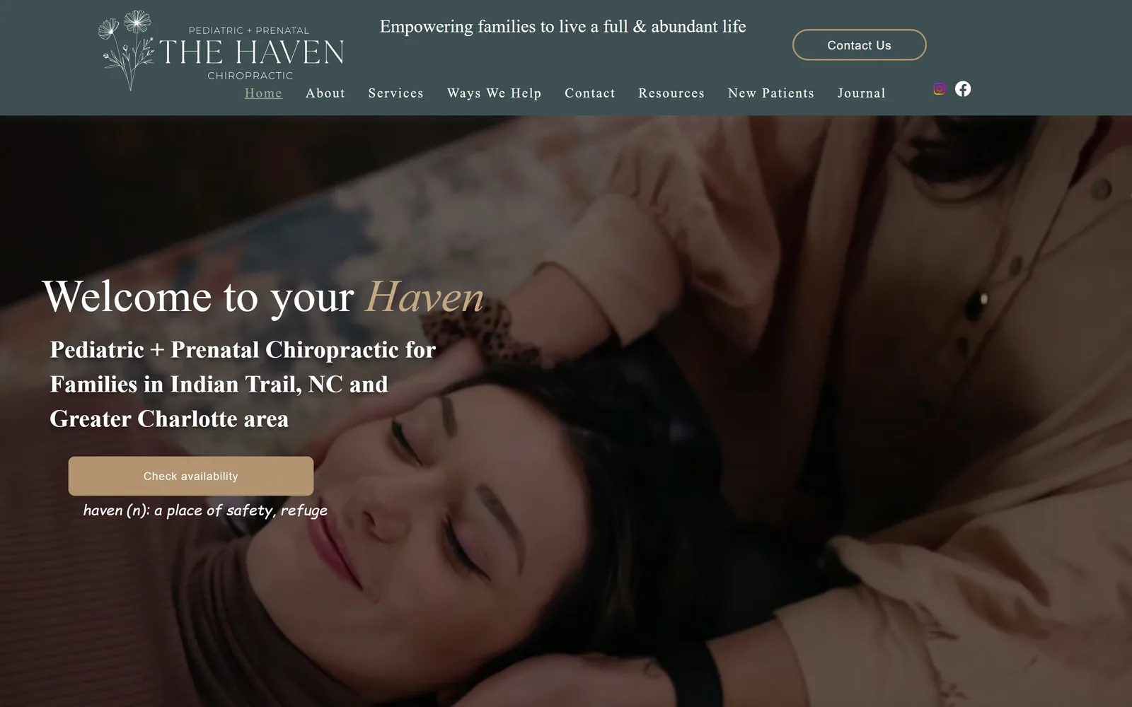havenchiroclt.com, chiropractor website design: dark green nav over a soft-focus photograph