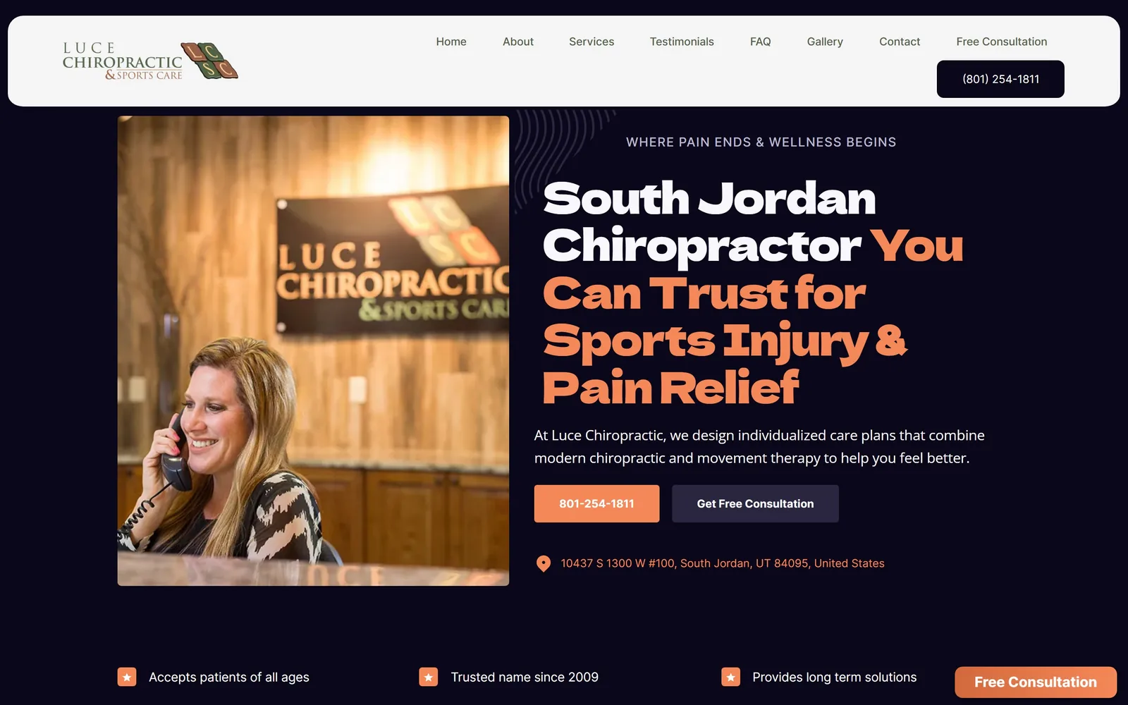 lucechiropractic.com, chiropractor website design: near-black page, a chunky orange display face