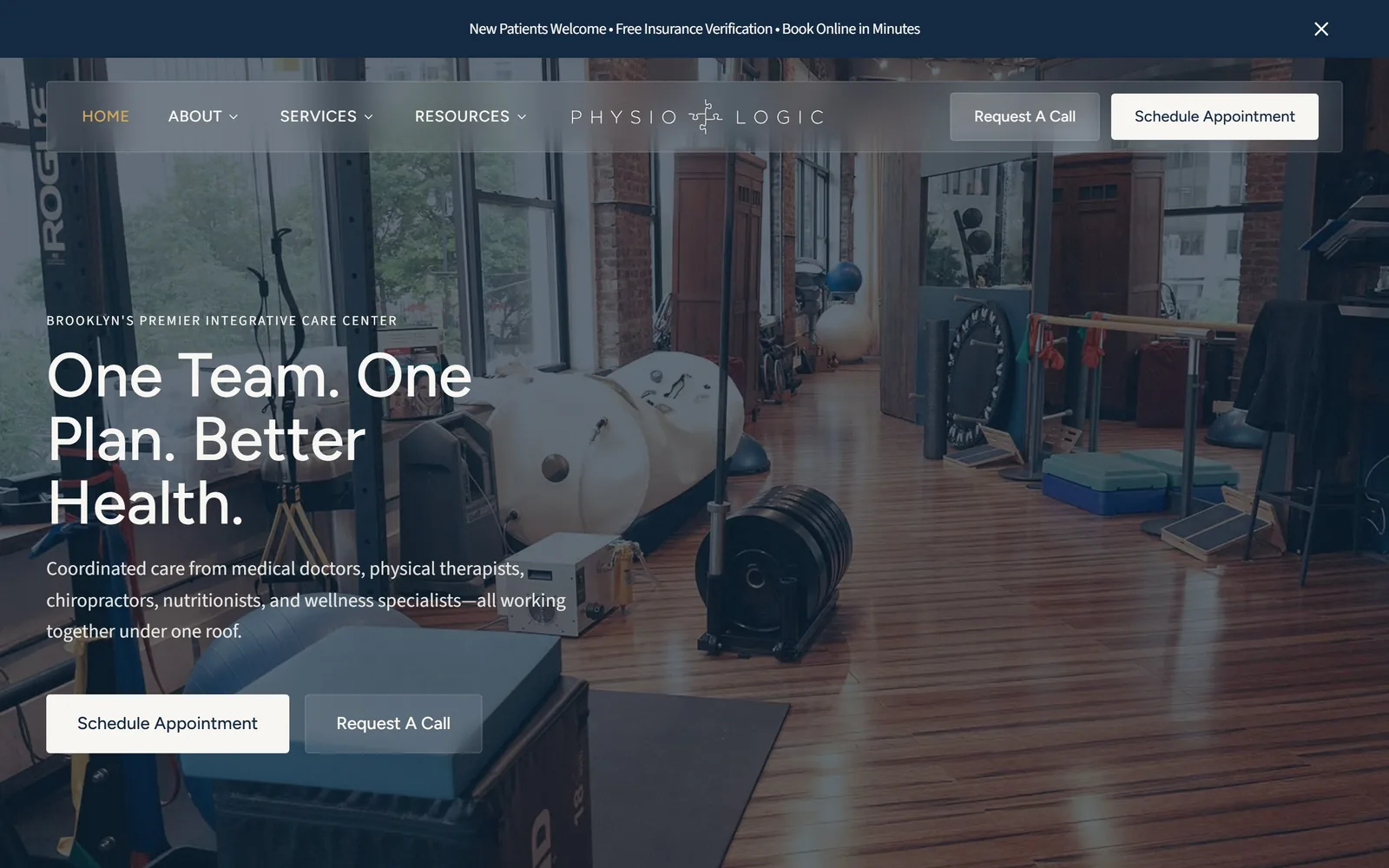 physiologicnyc.com, chiropractor website design: a wide shot of a working Brooklyn gym floor