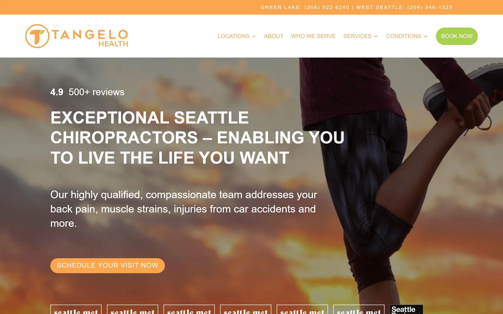tangelohealth.com, chiropractor website design: orange sunset photography, a runner stretching mid-frame