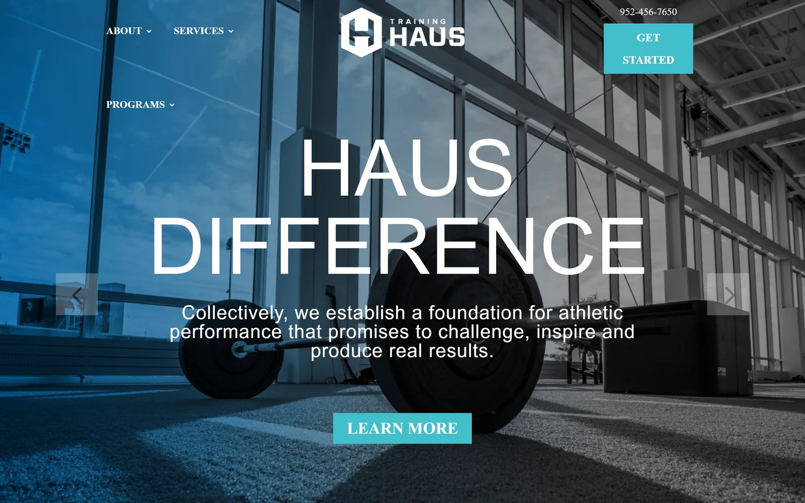 traininghaus.com, chiropractor website design: hAUS DIFFERENCE set enormous and thin across a teal-washed photograph of an empty training