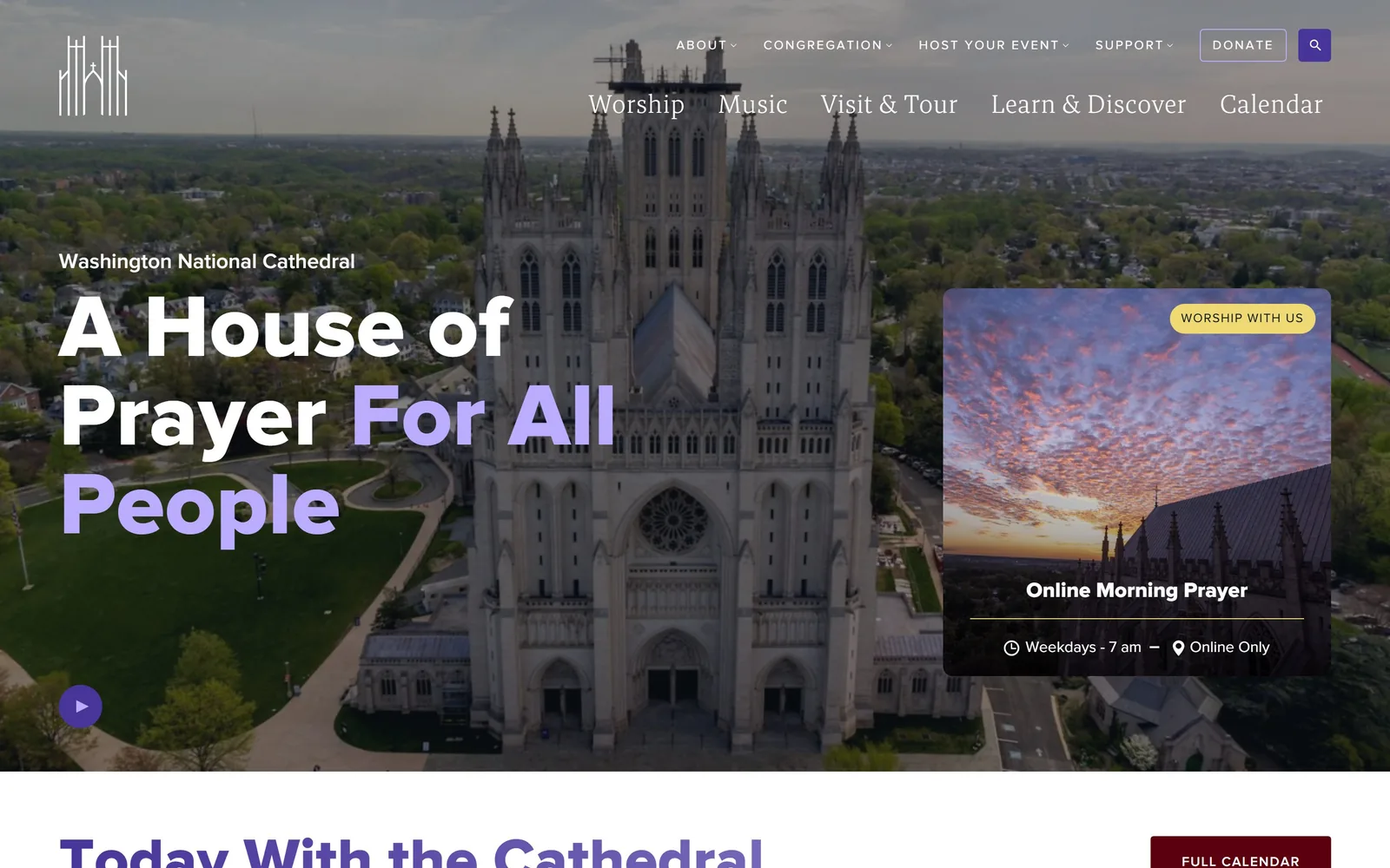cathedral.org, church website design: an aerial of the Gothic cathedral with a 92px headline split between white and lavender