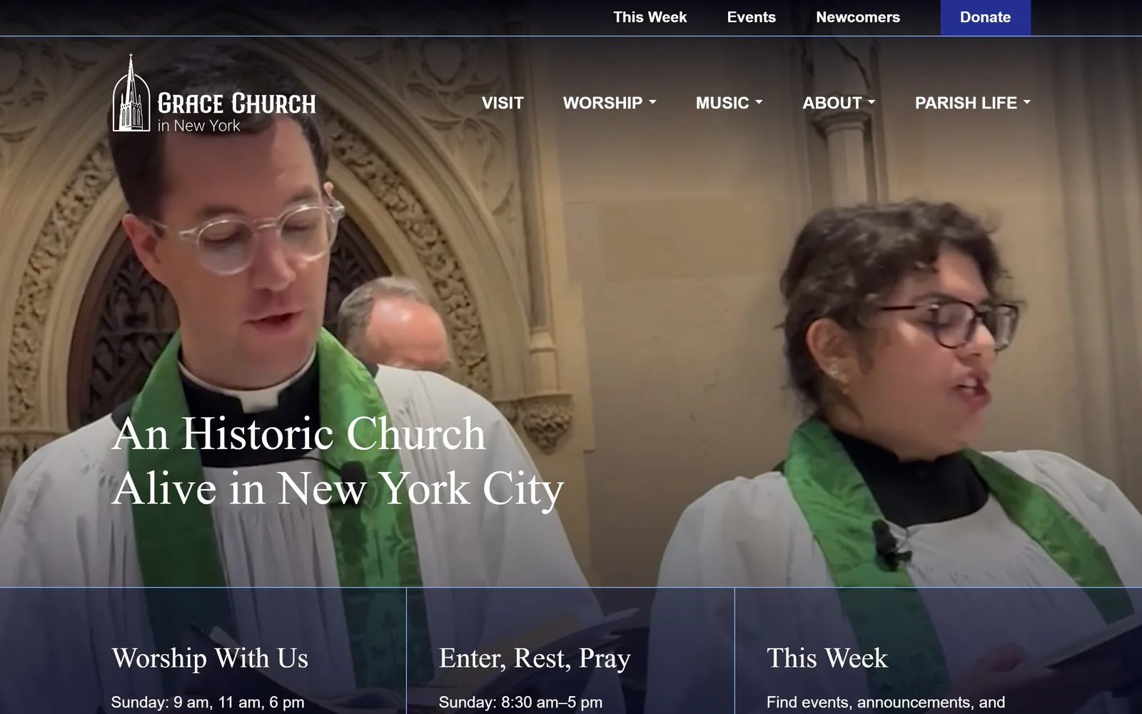 gracechurchnyc.org, church website design: two clergy in white surplices and green stoles sing in a stone nave
