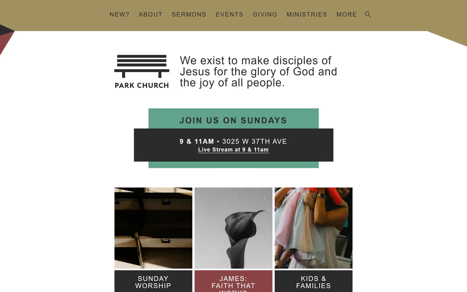 parkchurch.org, church website design: a khaki band cuts diagonally across the top, a bench logo sits beside a 34px mission statement