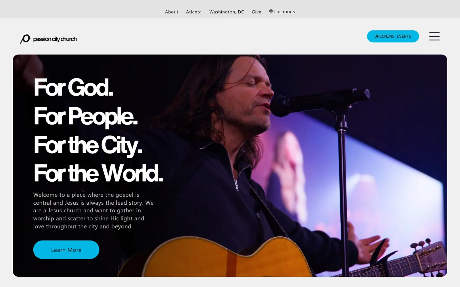 passioncitychurch.com, church website design: a rounded dark card holds a worship leader at a microphone
