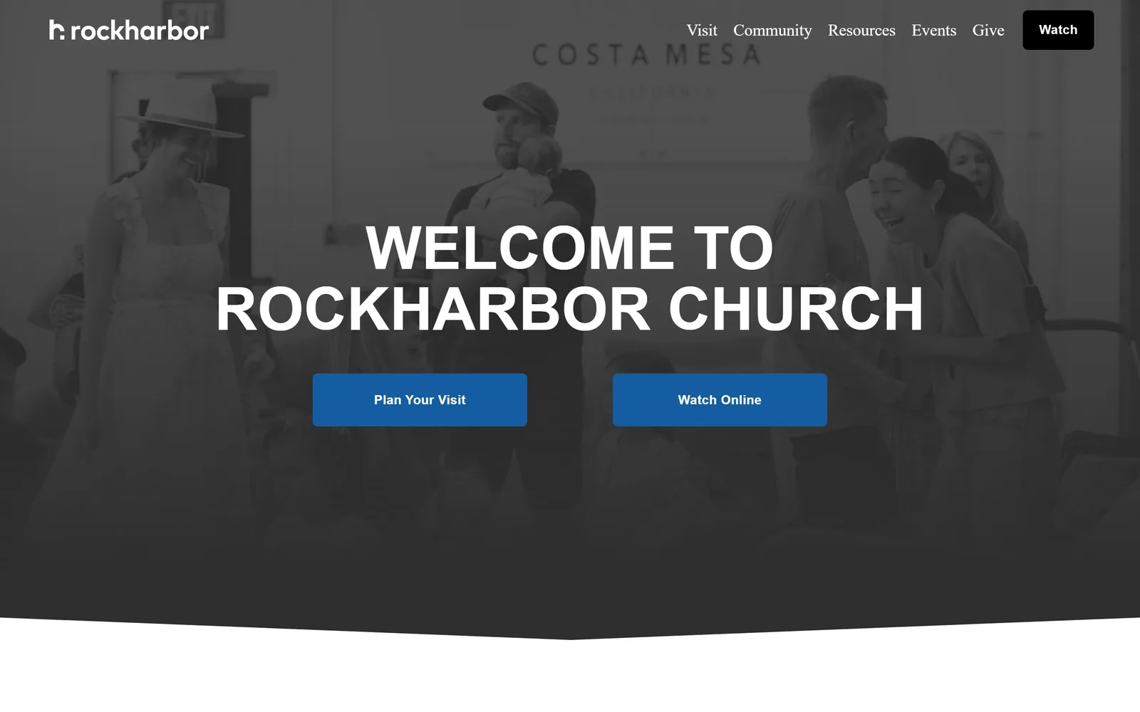 rockharbor.org, church website design: a blue tinted greyscale photo of people greeting each other