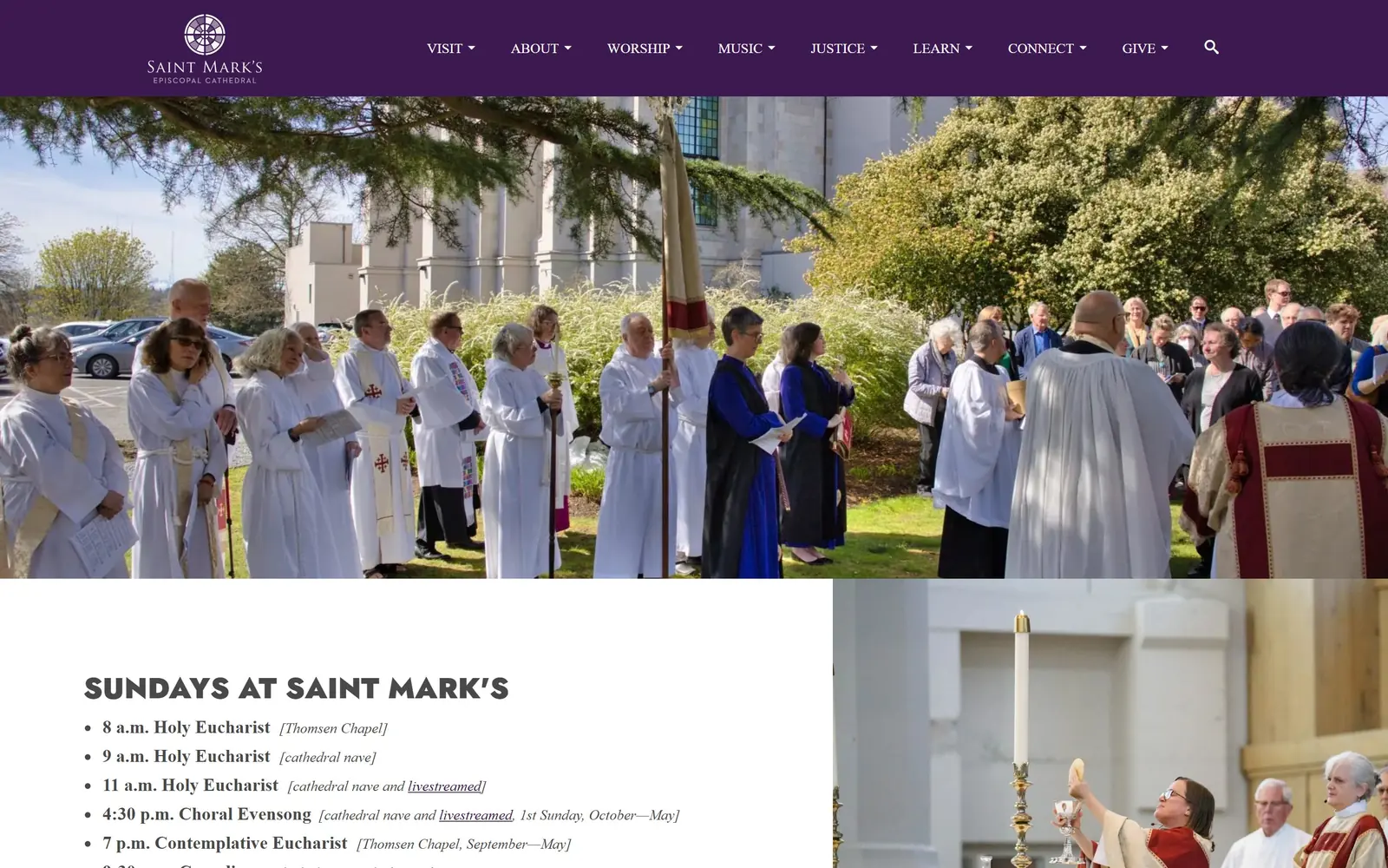 saintmarks.org, church website design: a purple nav band sits above a wide photograph of a vested procession outdoors