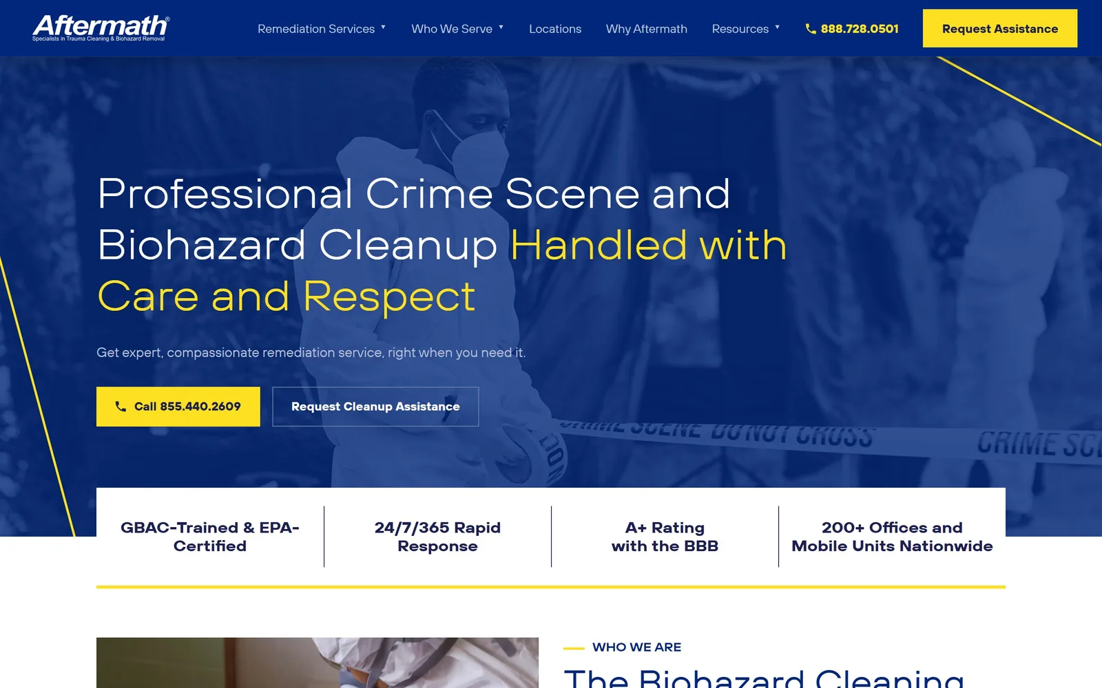 aftermath.com, cleaning company website design: navy duotone over crime scene tape