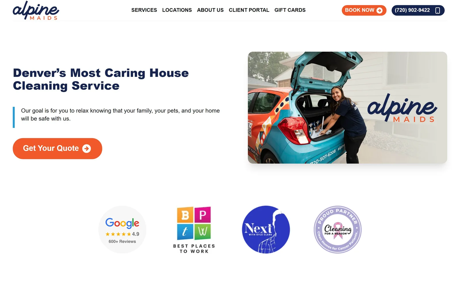 alpinemaids.com, cleaning company website design: a navy headline on white beside a photograph of the company hatchback