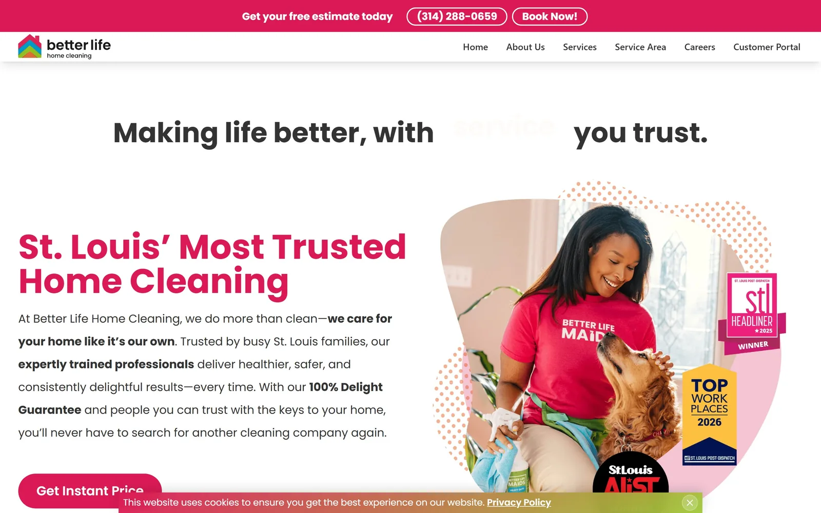 betterlifehome.com, cleaning company website design: magenta display type on white