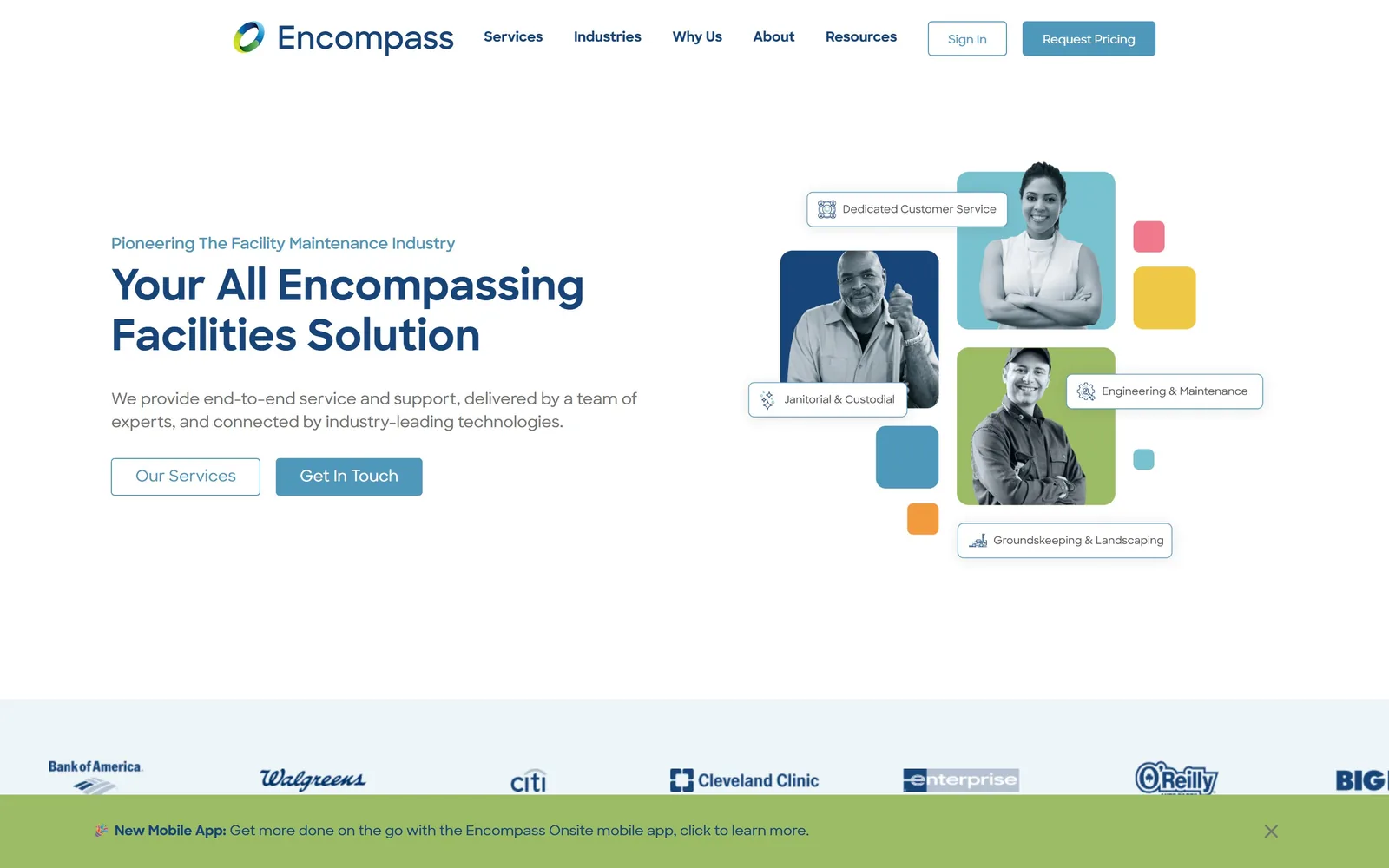 encompassonsite.com, cleaning company website design: duotone portraits in blue, teal and green tiles