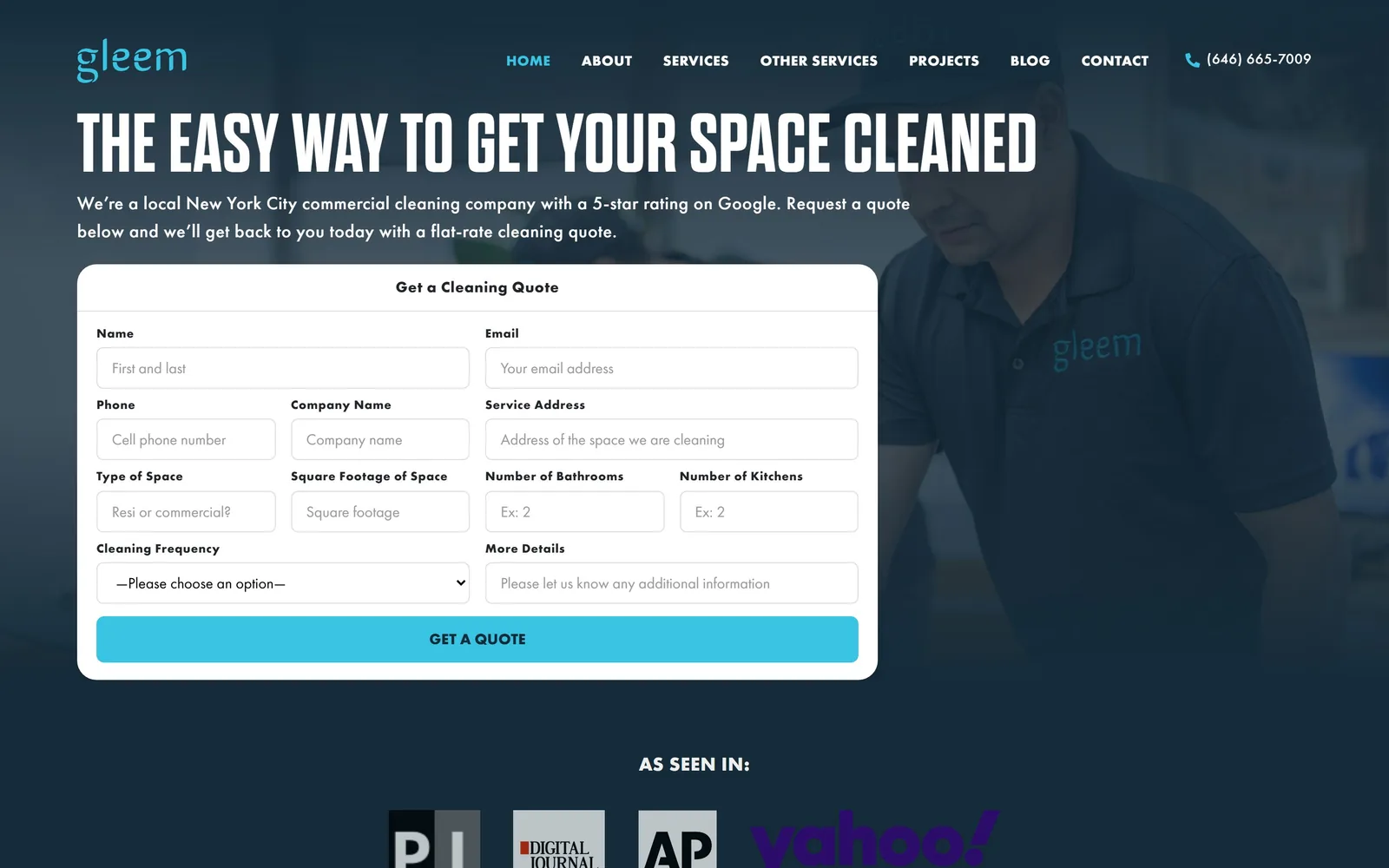 gogleem.com, cleaning company website design: a nine-field quote form fills the hero