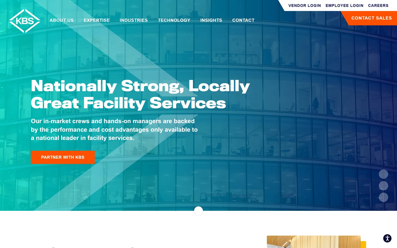 kbs-services.com, cleaning company website design: a teal to navy wash over a curved glass office block