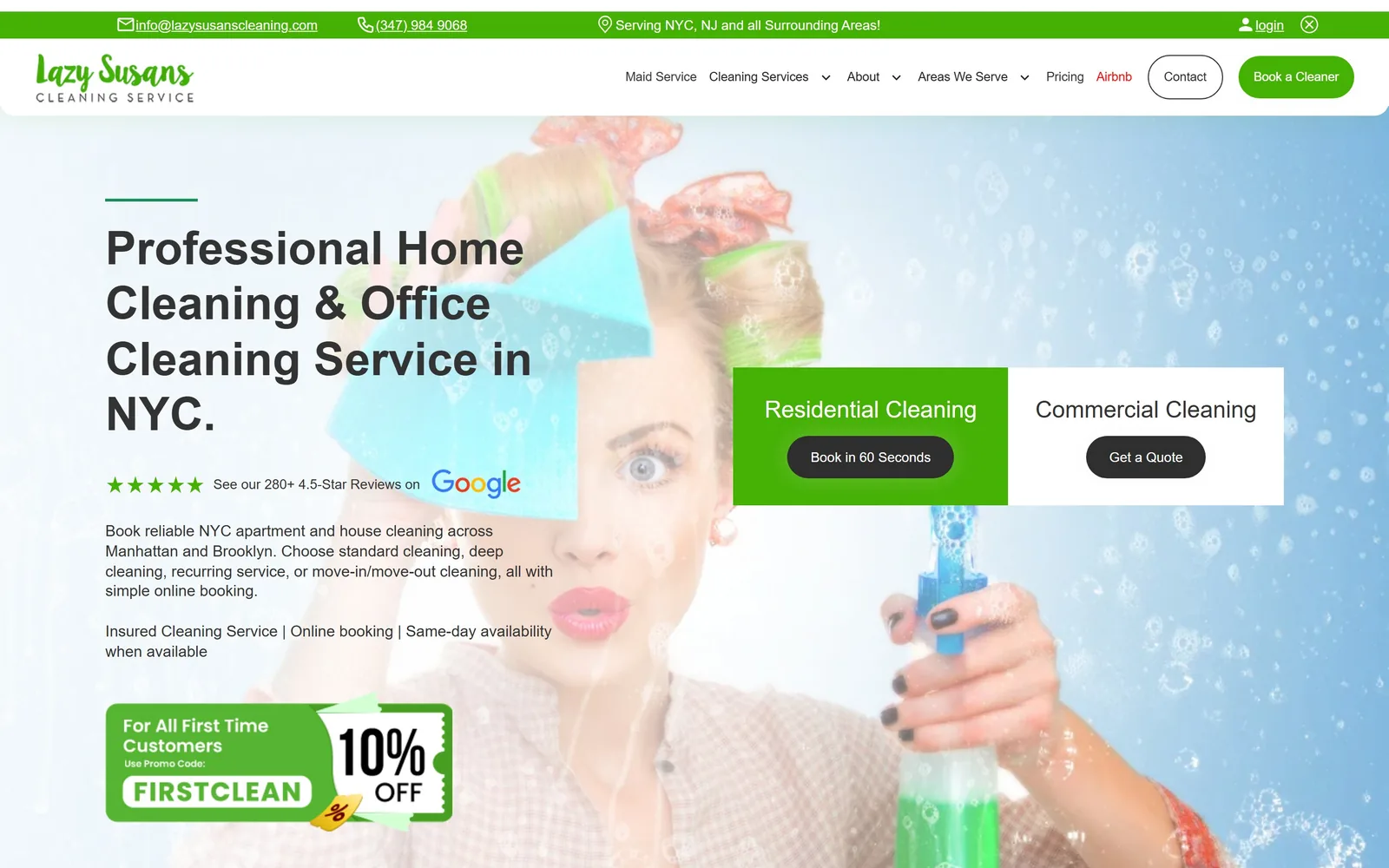 lazysusanscleaning.com, cleaning company website design: a black headline over a bubble-covered window photograph