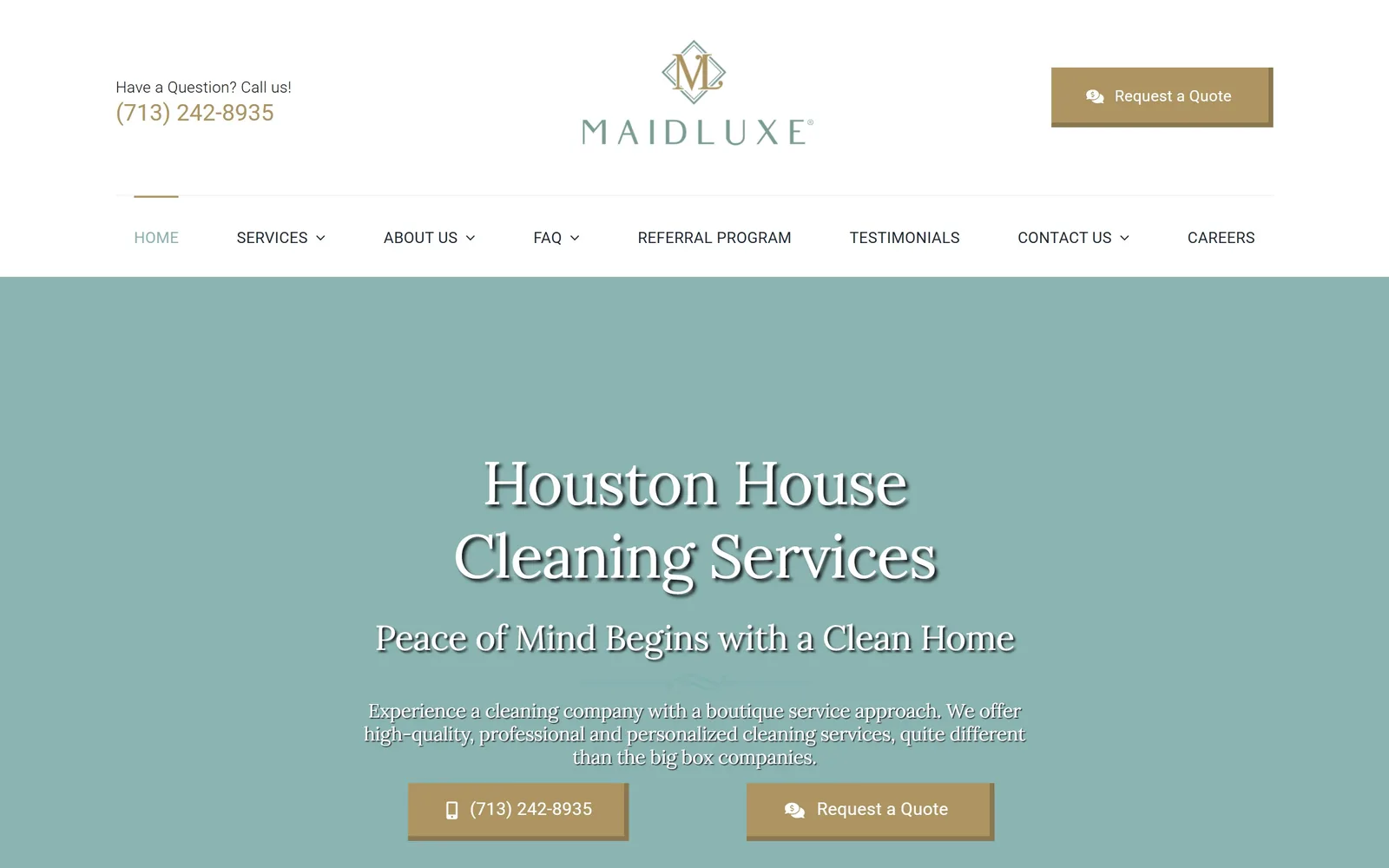 maidluxe.com, cleaning company website design: a flat sage panel with a white serif headline and two gold buttons