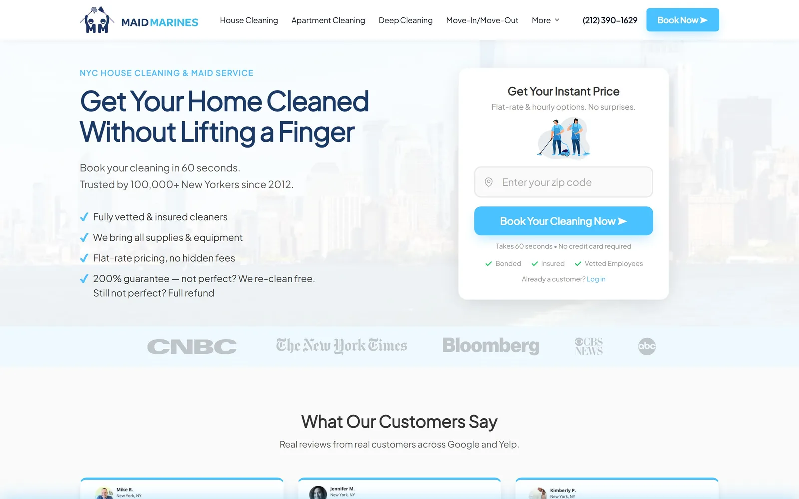 maidmarines.com, cleaning company website design: a white instant-price card asks only for a zip code