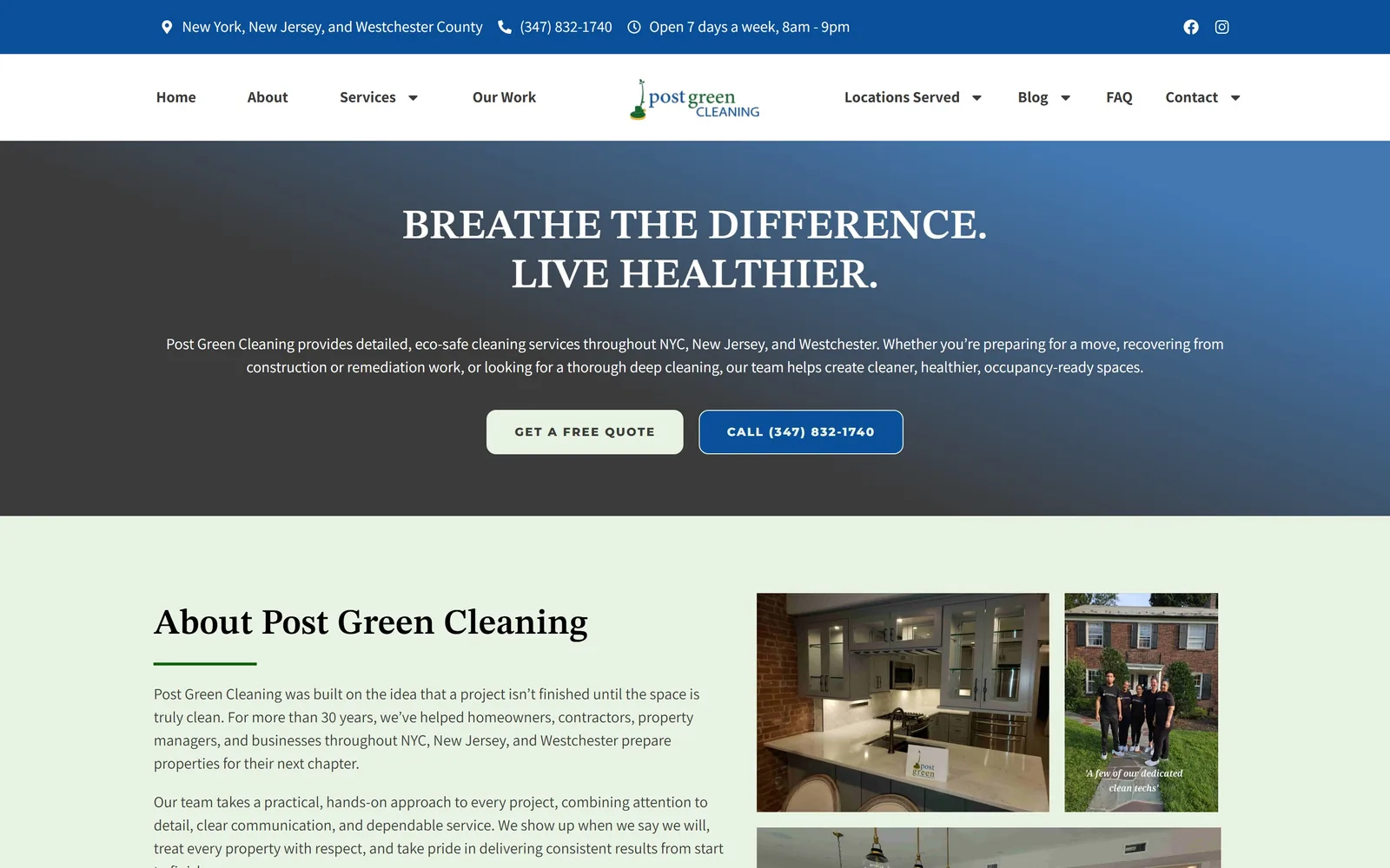 postgreencleaning.com, cleaning company website design: serif capitals reading BREATHE THE DIFFERENCE over a grey to blue gradient