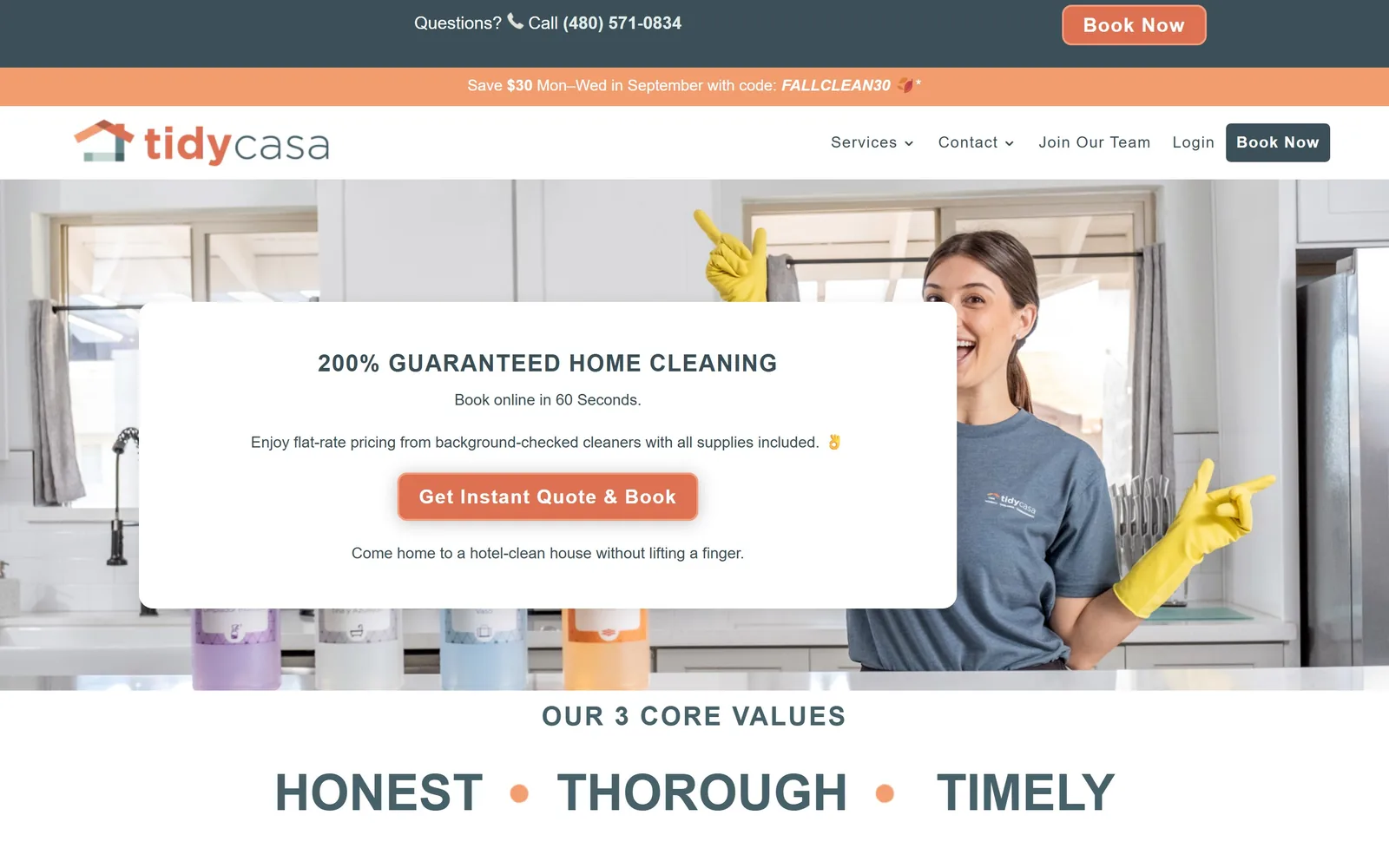 tidycasa.com, cleaning company website design: a white card over a kitchen photograph, slate type and a terracotta button