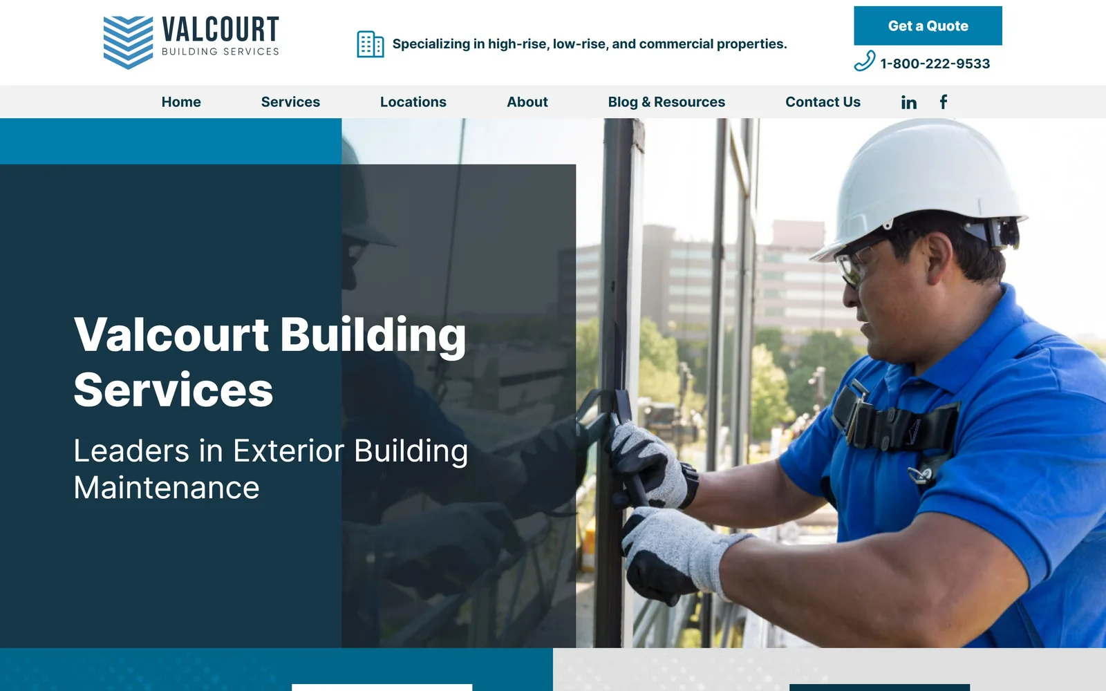 valcourt.net, cleaning company website design: a dark teal panel overlaps a photo of a technician on a high-rise facade
