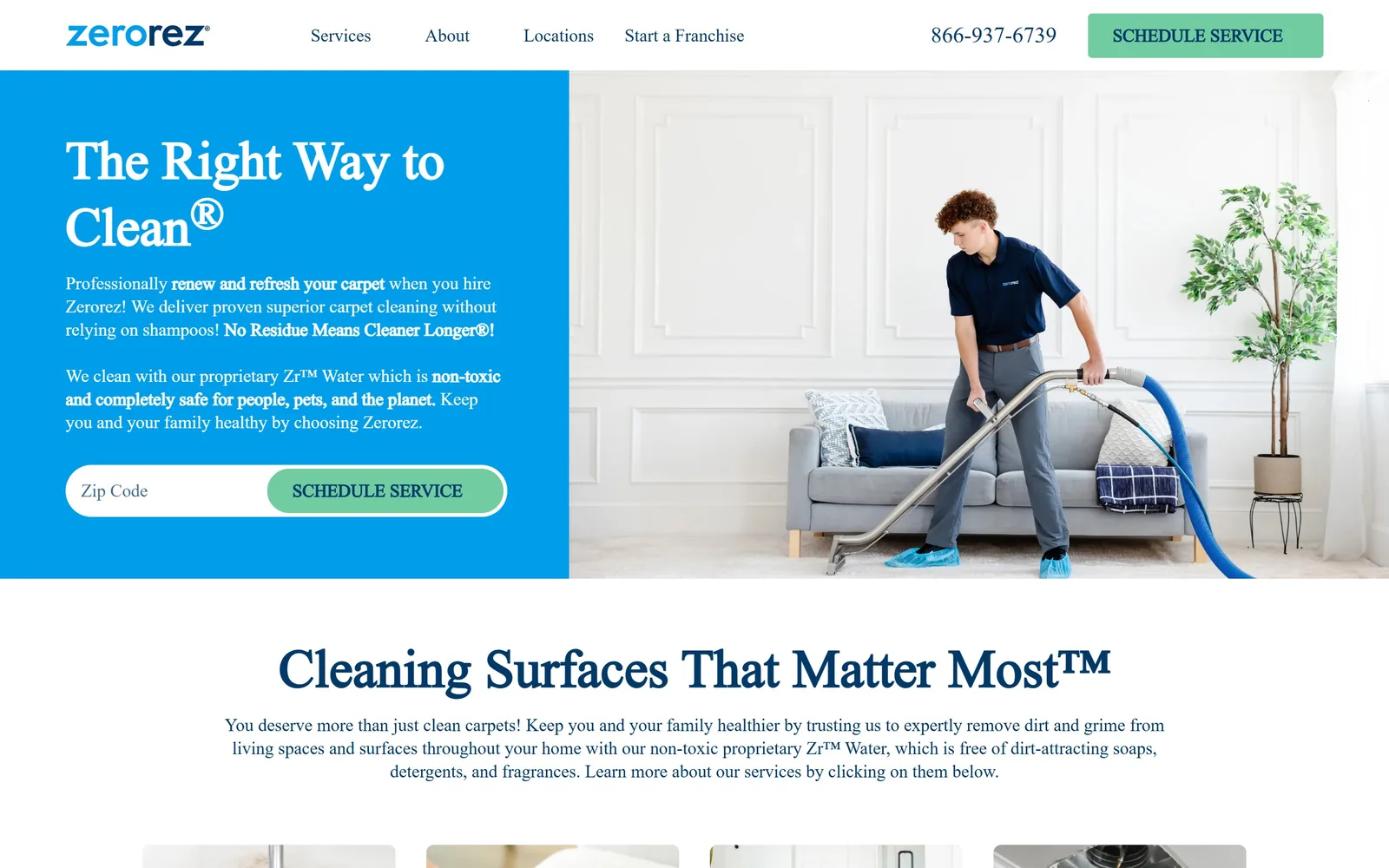 zerorez.com, cleaning company website design: a cyan block holds a serif headline and a zip field while a photo of a technician in shoe