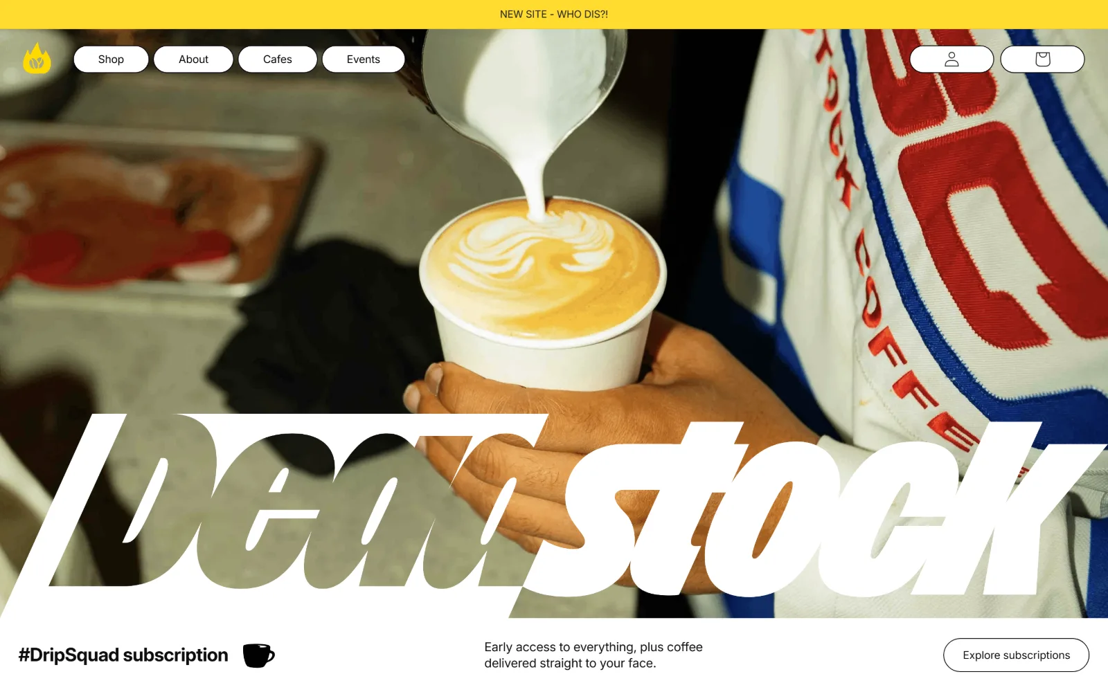 deadstockcoffee.com, coffee shop website design: hands hold a cup under a milk pour while a white italic Deadstock wordmark cuts across