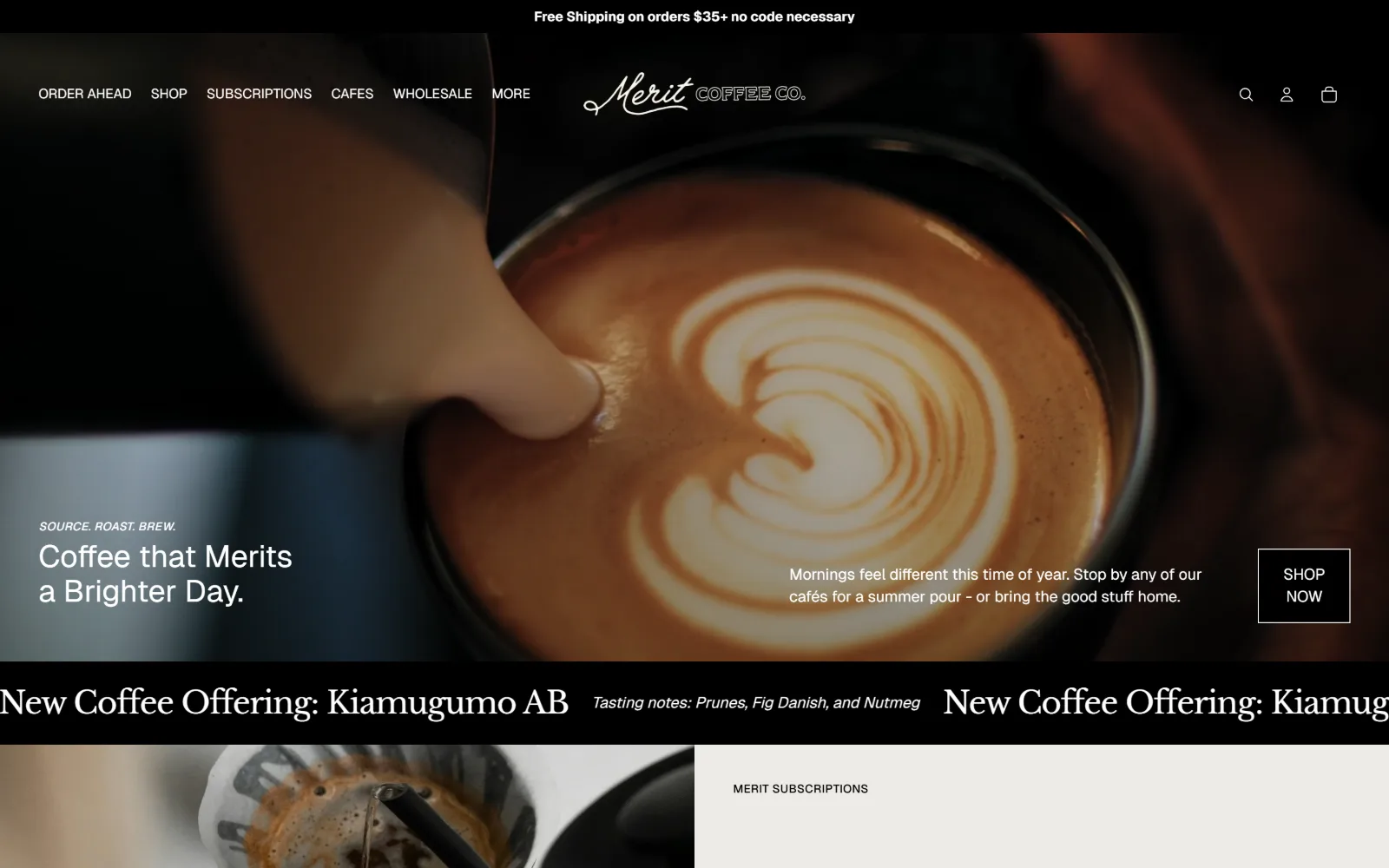 meritcoffee.com, coffee shop website design: milk pours into a cup across a dark video hero