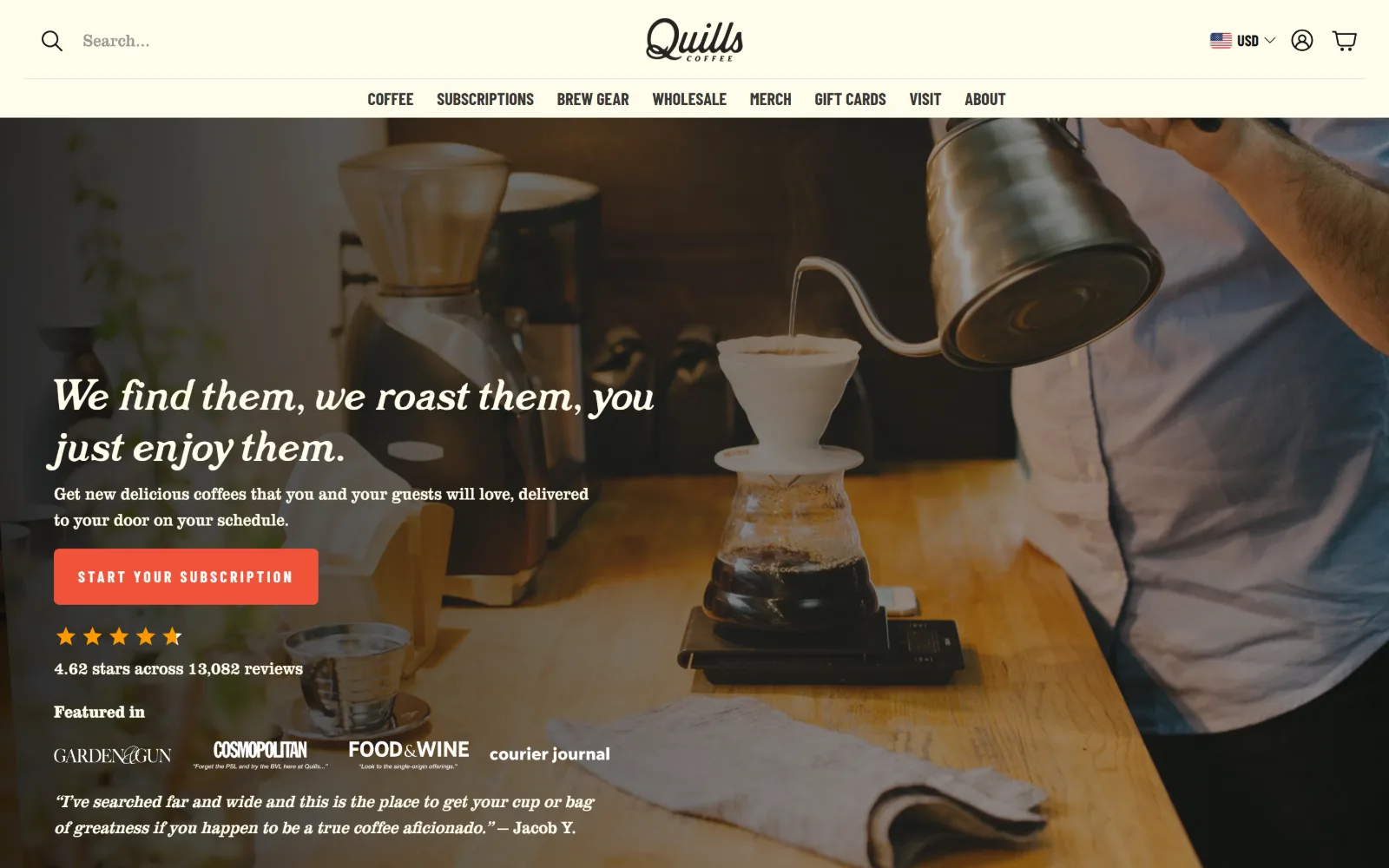 quillscoffee.com, coffee shop website design: warm kitchen photography of a pour-over sits behind an italic serif headline
