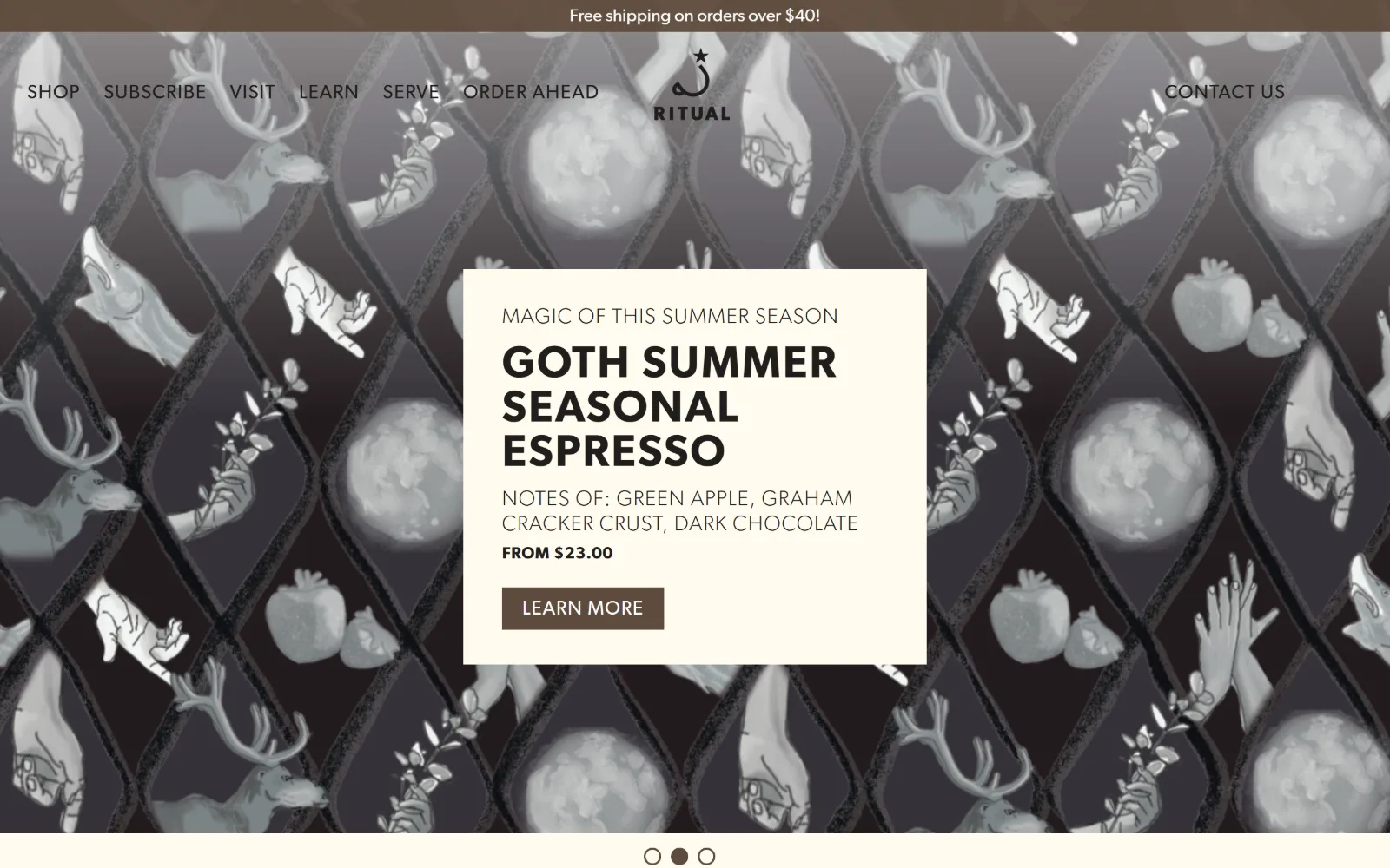 ritualcoffee.com, coffee shop website design: greyscale wallpaper of hands, antlered animals