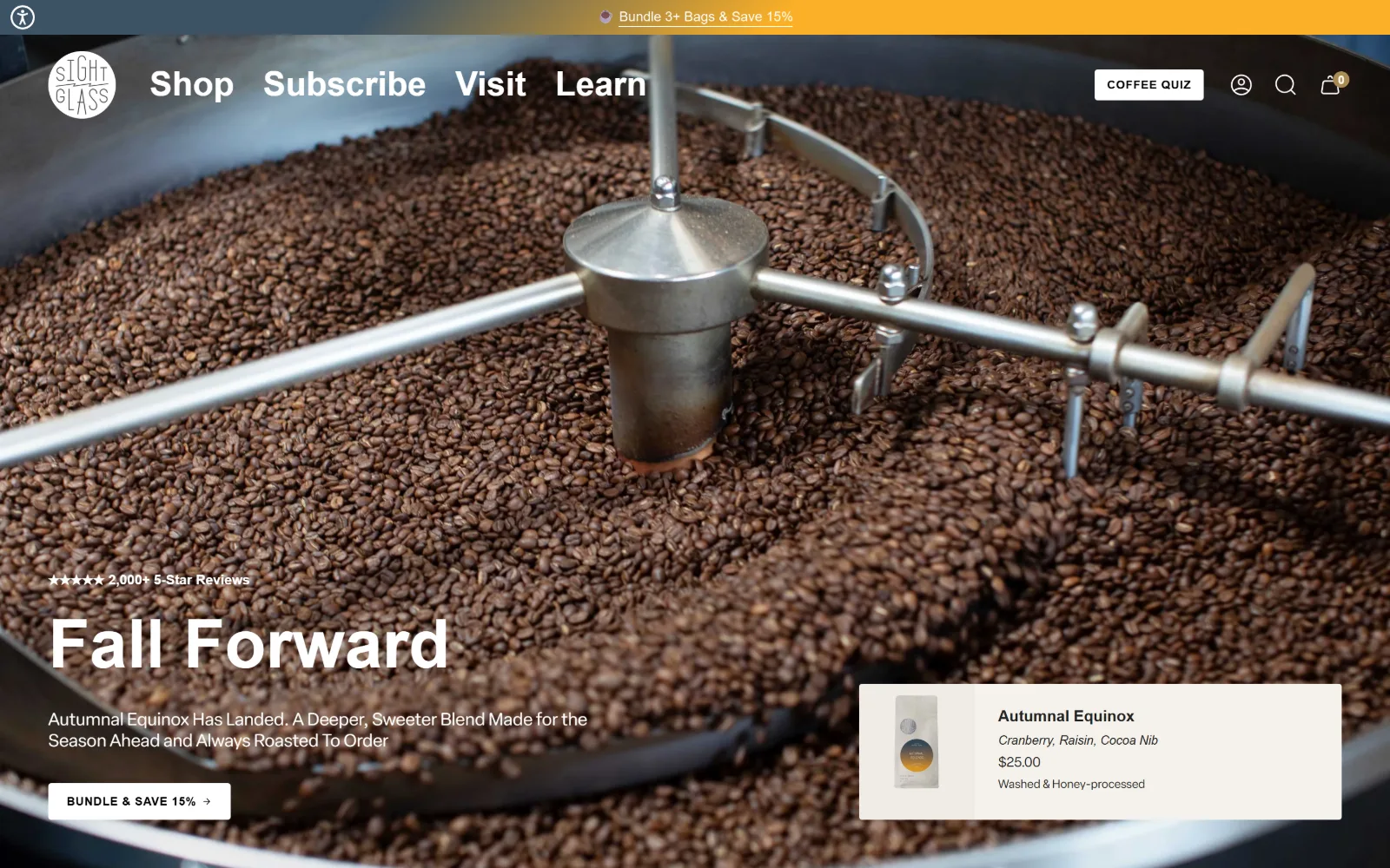 sightglasscoffee.com, coffee shop website design: looking down into a roaster drum full of beans