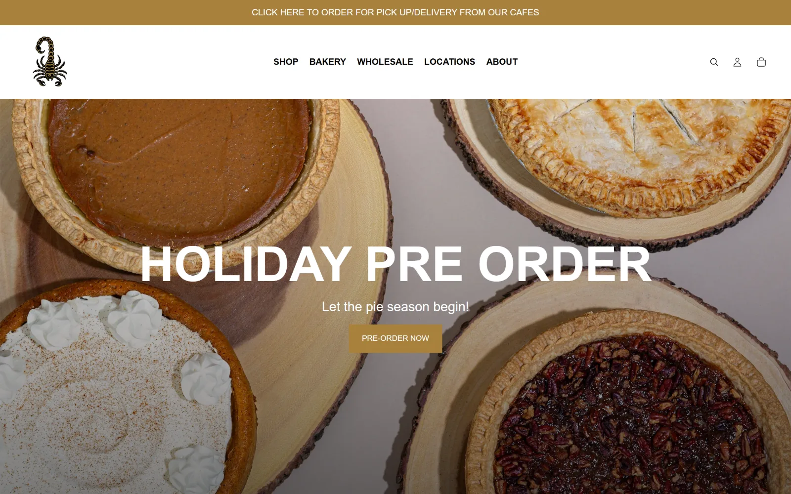 timelesscoffee.com, coffee shop website design: an overhead shot of four pies on wood boards runs behind Holiday Pre Order in white caps