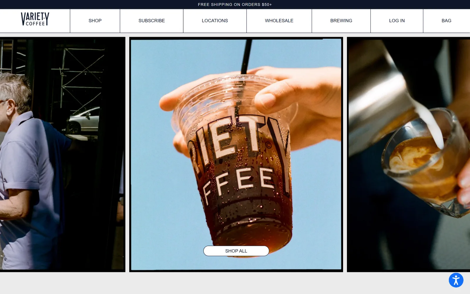 varietycoffeeroasters.com, coffee shop website design: three photo panels run side by side below a navy nav divided into ruled cells
