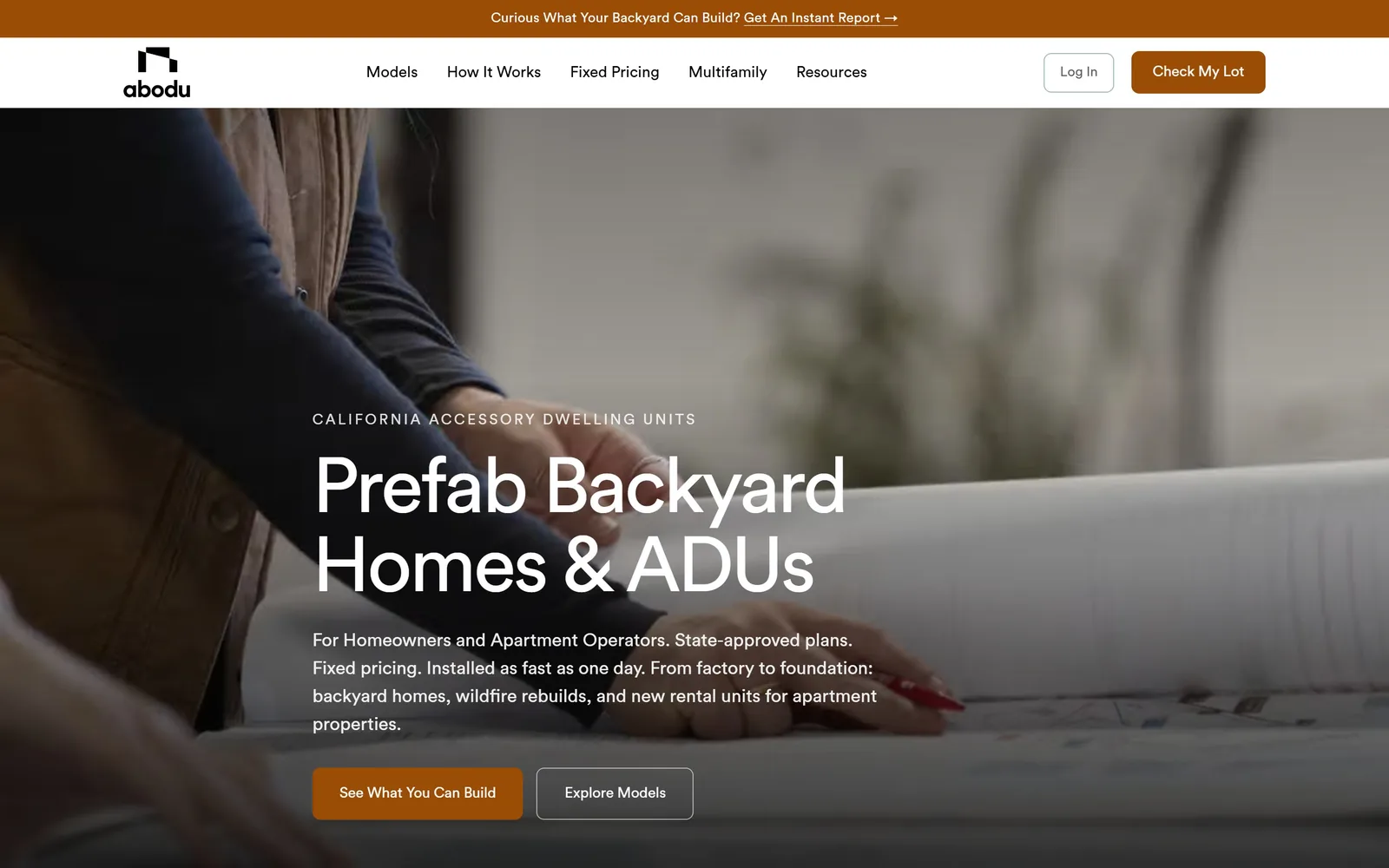 abodu.com, construction website design: an eyebrow in spaced capitals