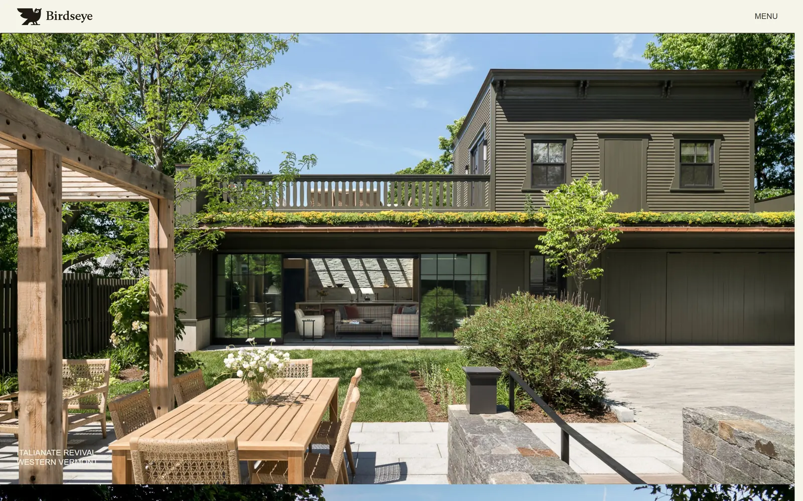 birdseyevt.com, construction website design: a dark stained Vermont house fills the frame