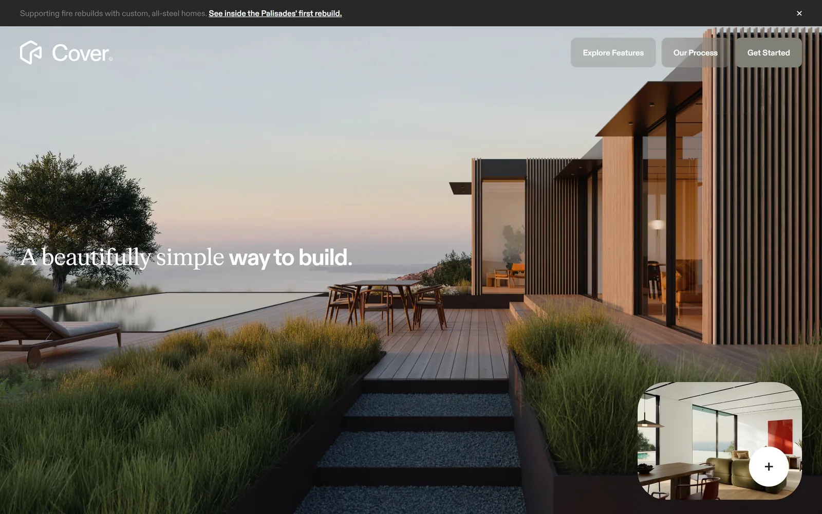 buildcover.com, construction website design: a serif and a sans share one sentence, over a timber house at dusk with an infinity pool