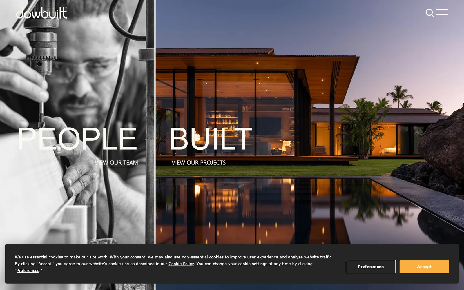 dowbuilt.com, construction website design: the screen splits in two, black and white craftsman on the left