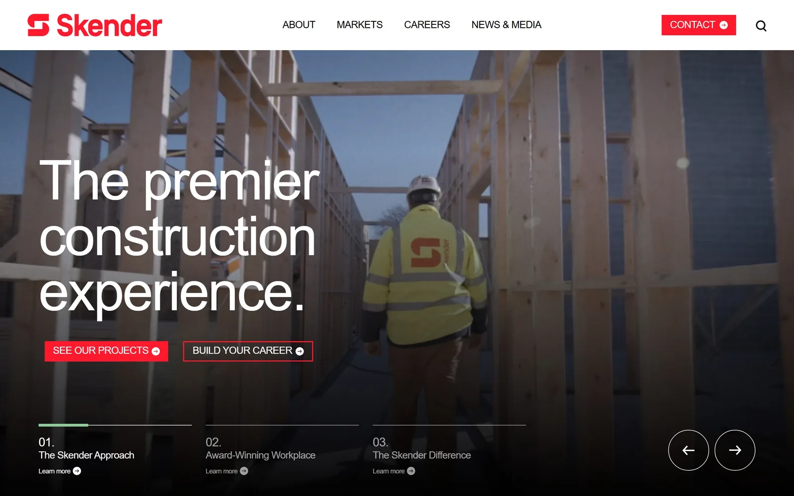 skender.com, construction website design: one hundred pixel type over a worker walking through timber framing