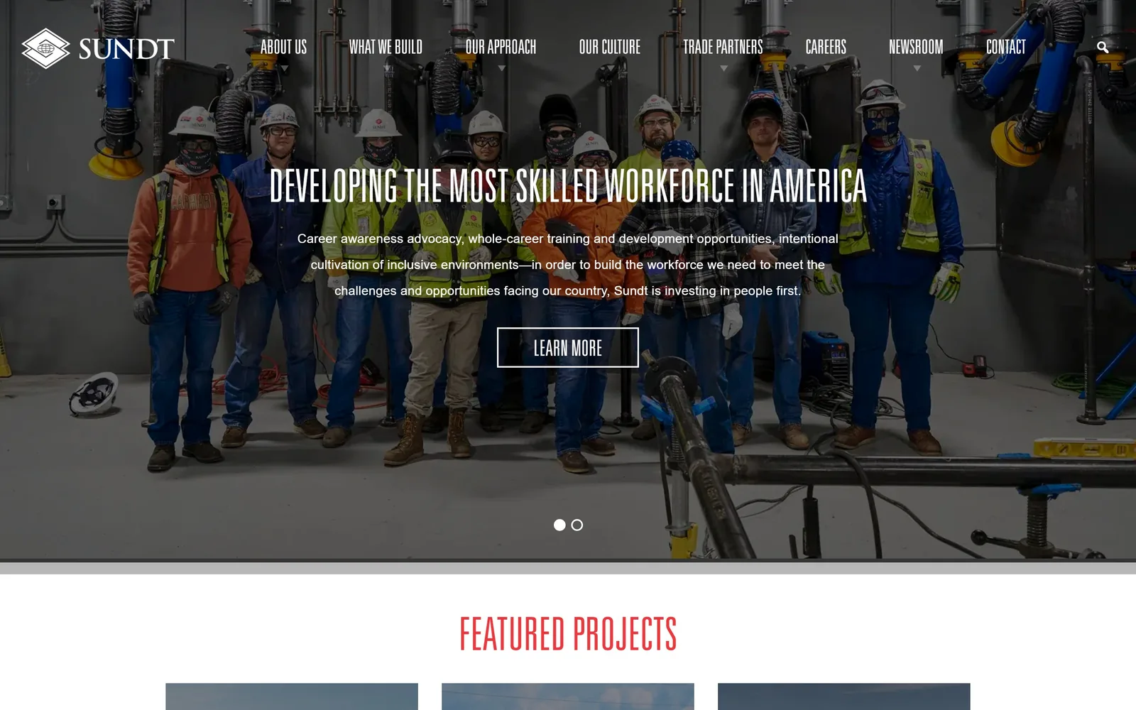 sundt.com, construction website design: a full crew posed in the shop, under a headline about workforce rather than buildings