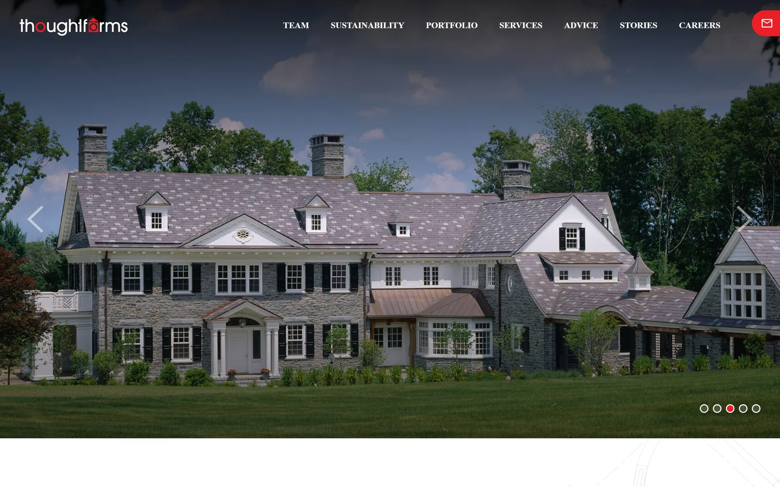 thoughtforms-corp.com, construction website design: a shingle style estate across the full screen