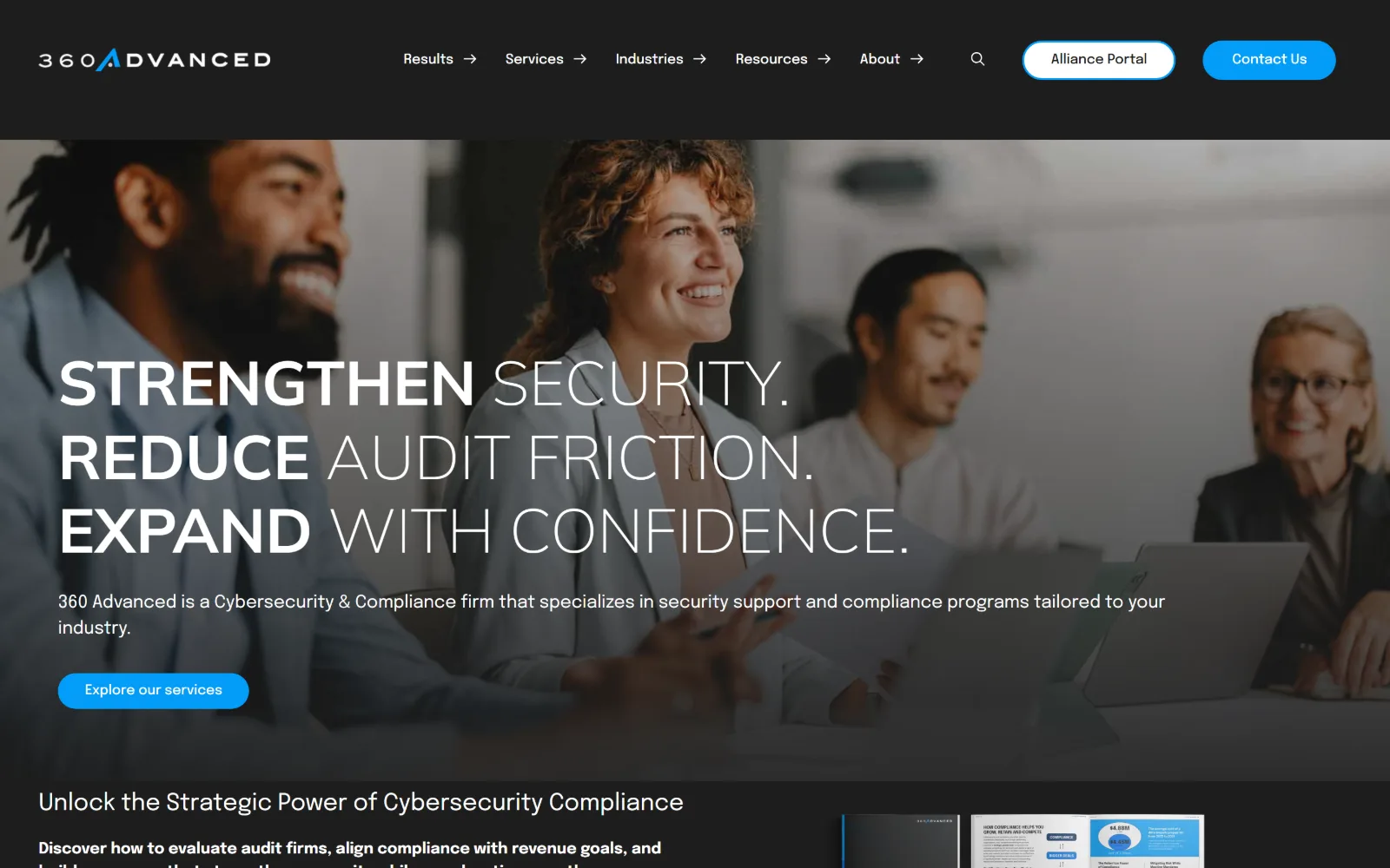 360advanced.com, cyber security website design: three lines of uppercase display, each pairing a bold word with a light one