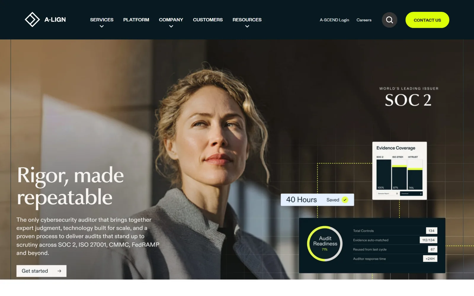 a-lign.com, cyber security website design: a portrait against sunlit stone fills the hero, 'Rigor, made repeatable' sits lower left