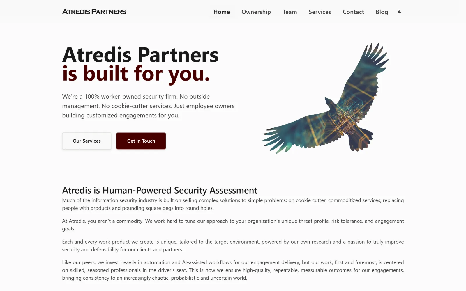 atredis.com, cyber security website design: on off-white, 'Atredis Partners is built for you.' runs in heavy Inter with the second line