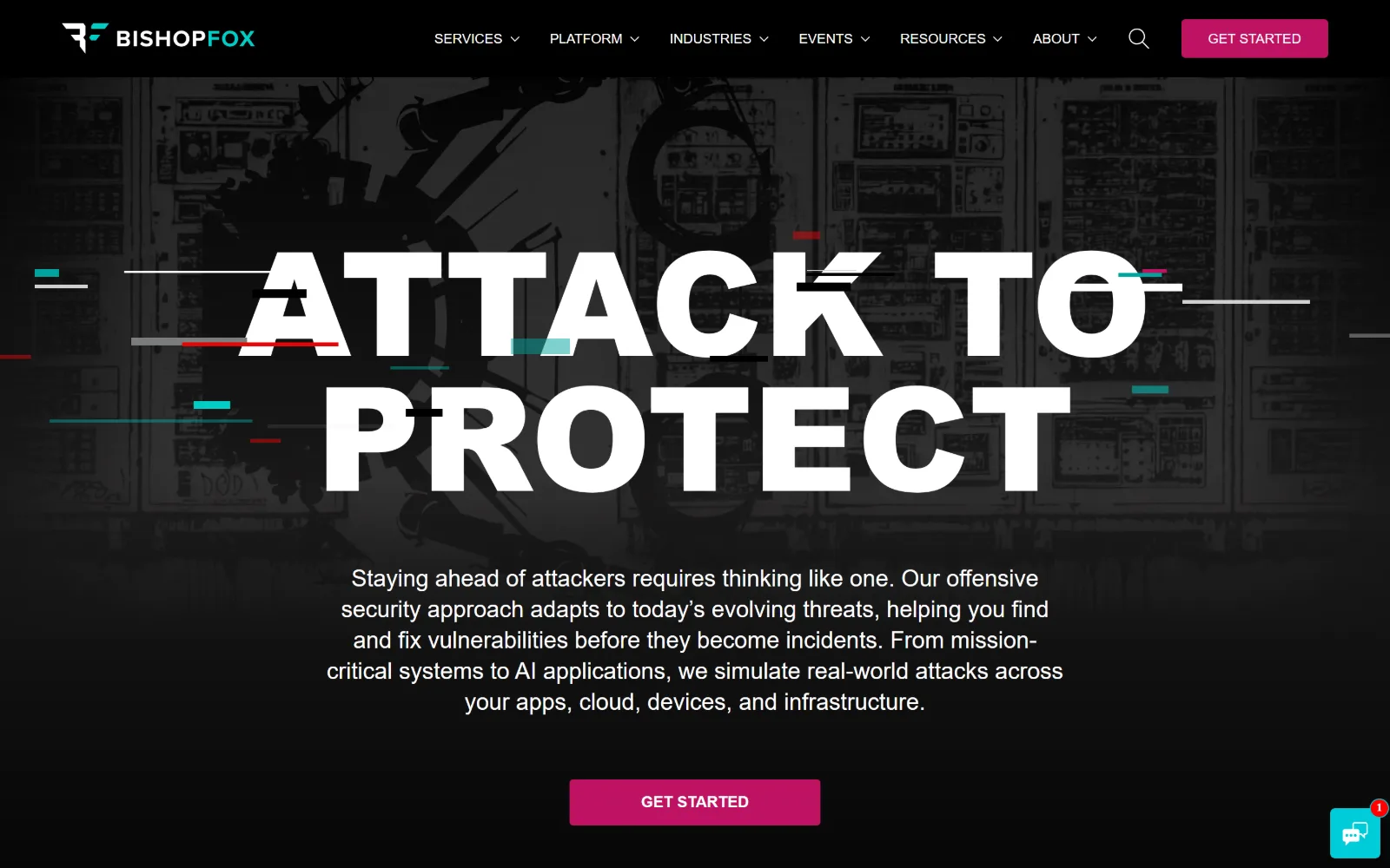 bishopfox.com, cyber security website design: enormous white capitals reading 'ATTACK TO PROTECT' over a dark server-room illustration